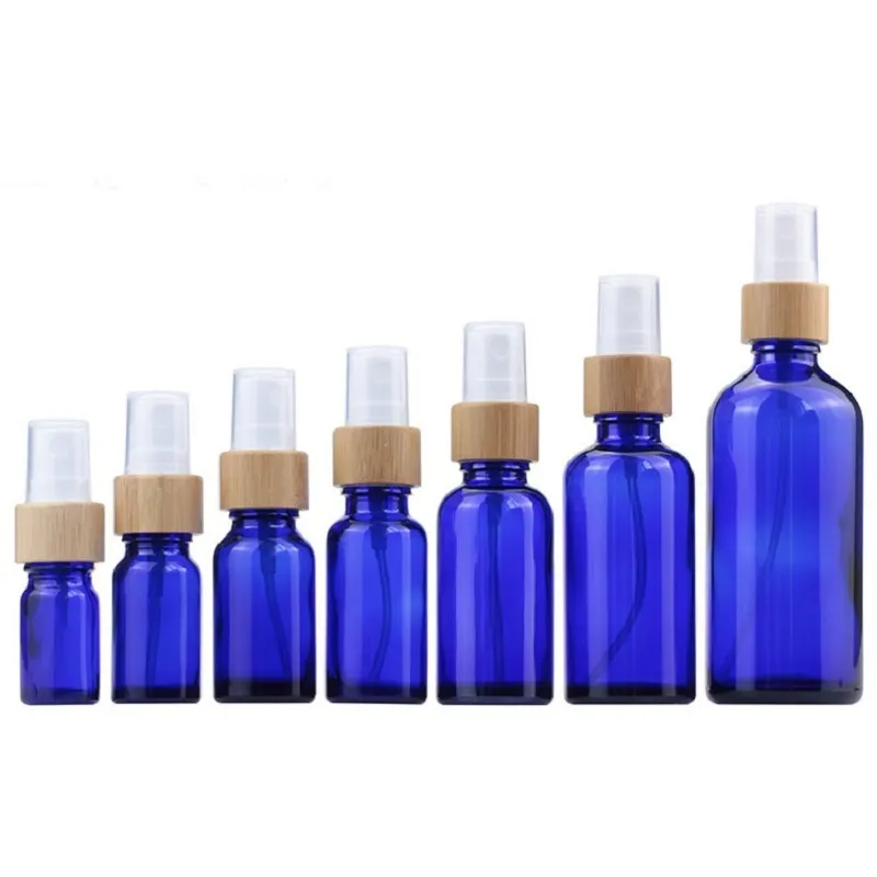 5 ~ 100 ml glazen mist spray fles amber blauwgroen hervulbare lege cosmetische container parfum spuitfles met hout bamboe cap