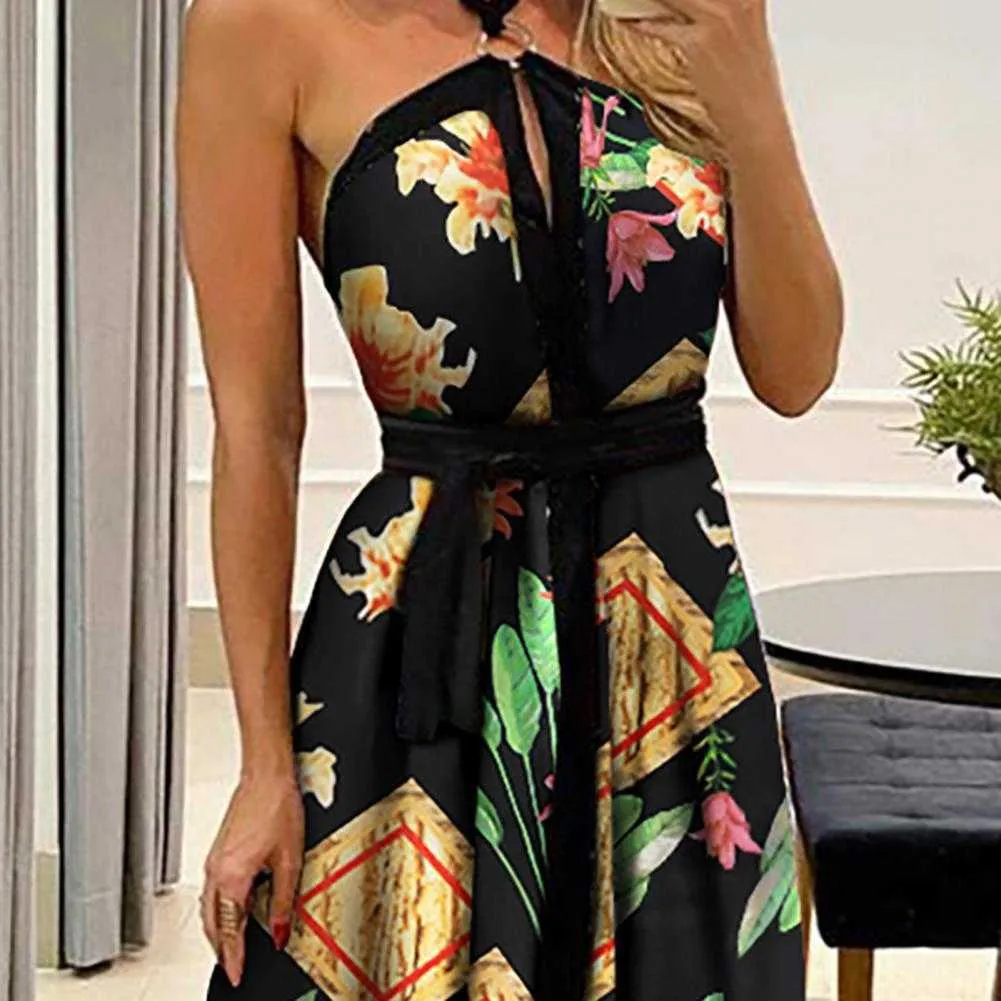 Le signore senza bretelle all'ingrosso della stampa floreale del sundress lungo senza bretelle del vestito dal O-collo vestono il retro halter Y1006