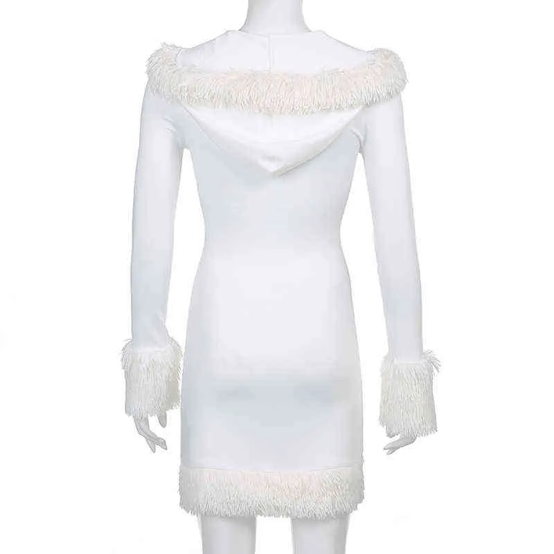 HEYounGIRL 毛皮のような白いボディコンミニドレス女性秋長袖フード付き V ネックドレススキニーファジーパーティーストリート冬 G0214