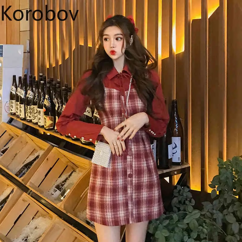 Korobov moda elegante Plaid mujeres vestido coreano cuello vuelto manga larga Patchwork Streetwear Vestidos ajustados 210430