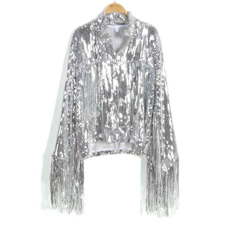 Kadın Püskül Pullu Ceket Sonbahar Kış Streewear Kaya BF Retro Uzun kollu Gümüş Yansıtıcı Kadın Dış Giyim 220105 Tops