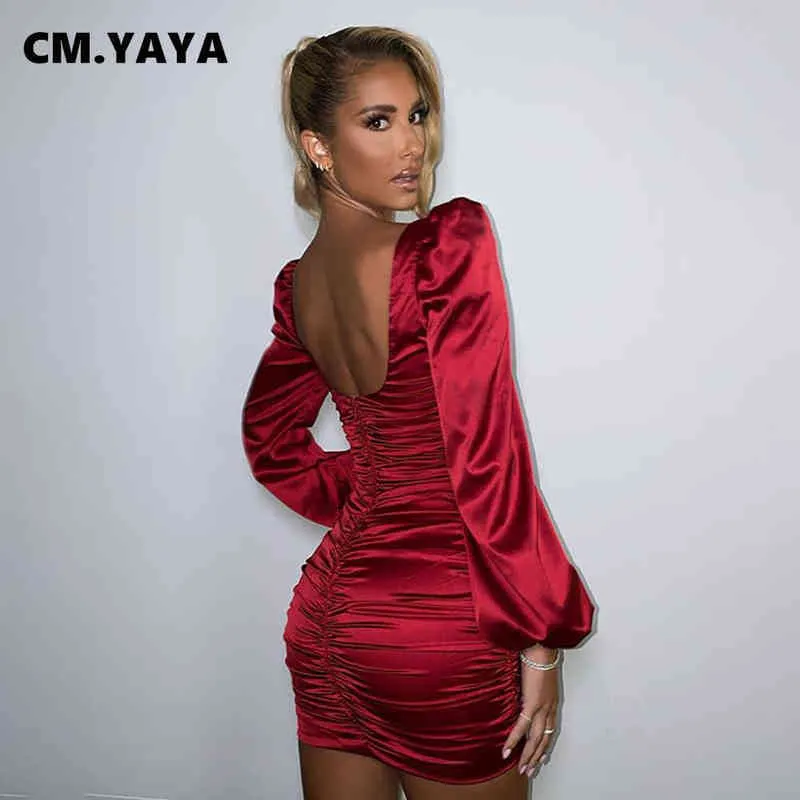 CM.YAYA Taille haute Lanterne à manches longues empilées drapées Midi Robe moulante pour femmes Sexy Club Party Night U-Cou Robes sans dos 211206