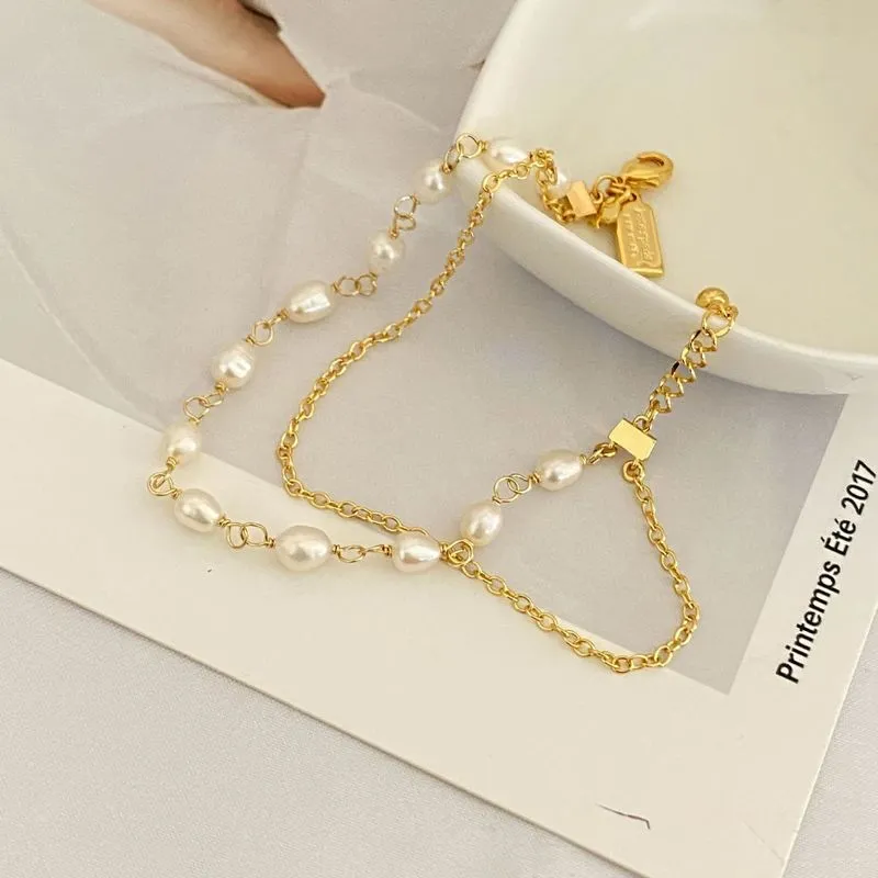 Fashion Natural Pearl Gold Chain Two Layer Bracelet Jewelry Wedding Accessories Couple Bracelet CX220302