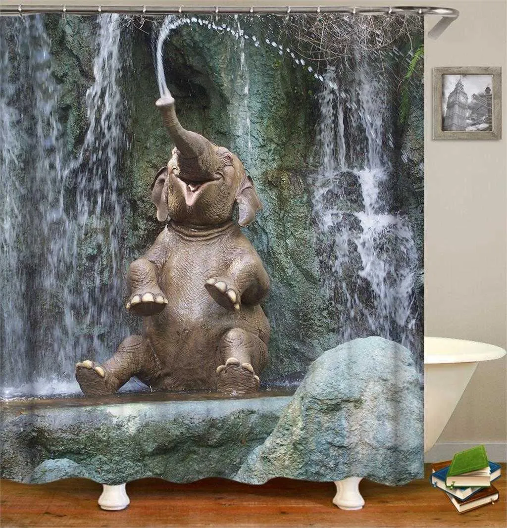 OLOOEY 3D-print douche gordijnen dierlijke olifant voor badkamer decor aangepaste grootte afbeelding badgordijn groothandel 210915