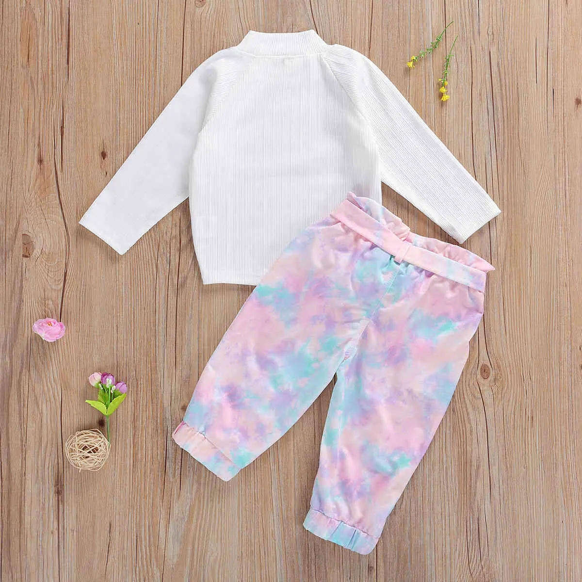 1-6y Tie Dye criança criança meninas roupas conjunto branco manga comprida t shirt top bow calças roupas outono crianças sets 210515