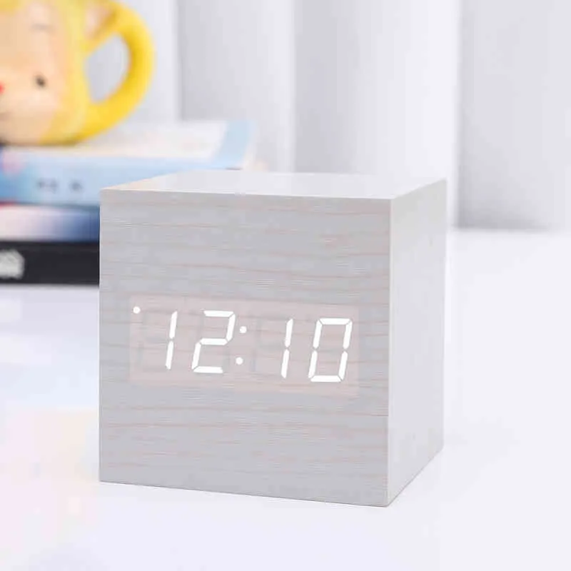 LED Digital Holzuhr Alarm Würfel Timer Kalender Thermometer Sprachsteuerung Anti-Snooze Schreibtisch Tisch Werkzeuge Home Dekoration Geschenk