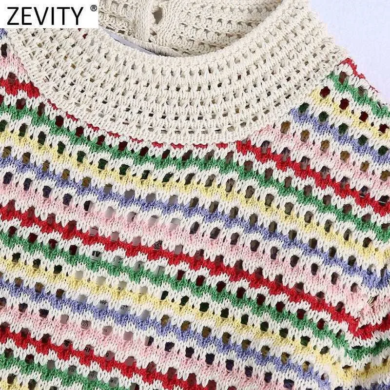 Zevity Women Stand Collar Rainbow Striped Casual Jacquard Knitting Sweater Female Chic Short Sleeve Pullovers Hollow Tops SW804 210806