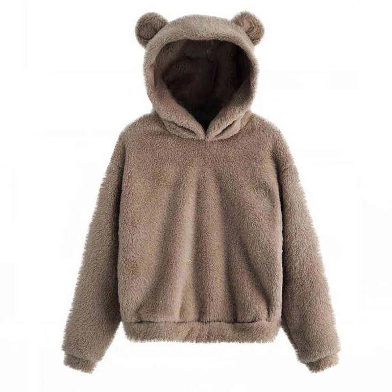 Lovely Fleece Animal Hoodies Women Sweatshirt Long Sleeve Warm Bear Ear Hooded Plush Hoody Pullover Lady Winter Tops 211109