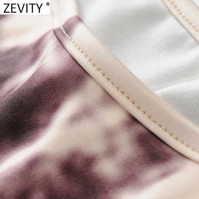 Zevity Women oネック長袖抽象印刷シックキャミスタンクレディースニットスリムショートTシャツカジュアルクロップトップLS7647 210603