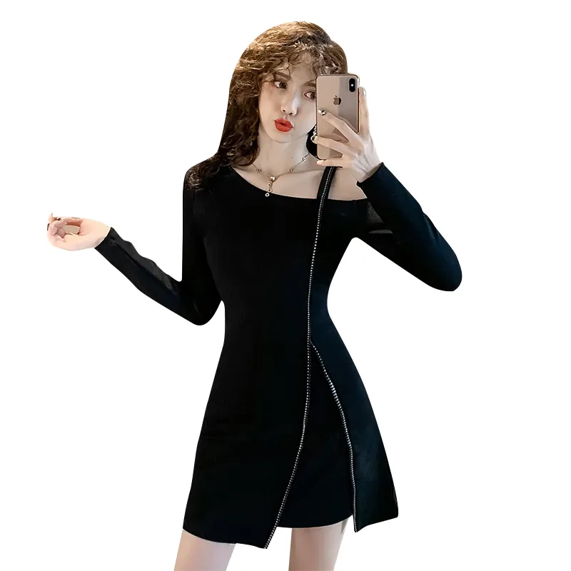 春秋女性の黒の長袖のドレス韓国の気質セクシーなストラップレスストラップボトムな女性GD513 210506