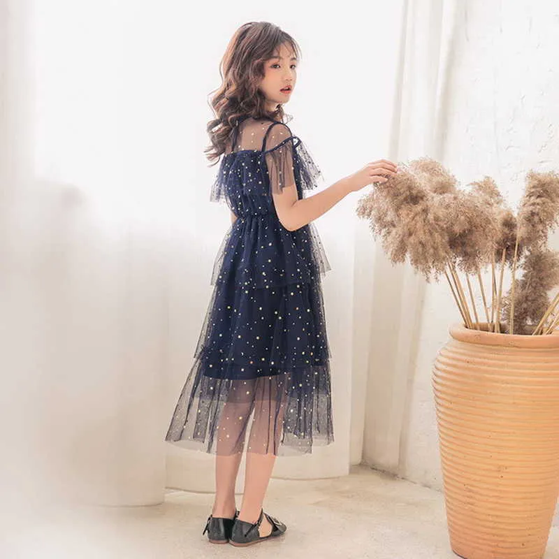 Summer Teenagers Girl Dress Starry Sky Solid Color Princess Cute Style Kids Fashion Clothes E2073 210610