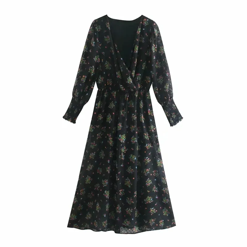 Noir Floral Imprimé Plumetis Tulle Robe Midi Femmes Vintage Col En V À Manches Longues Voir À Travers Femme Taille Élastique 210519