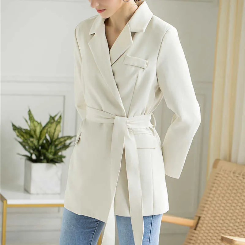 Aelegantmis Casual Sashes Office Lady Blazer Coat Donna Primavera Nero con cintura Donna Beige White Lace Up Jacket 210607