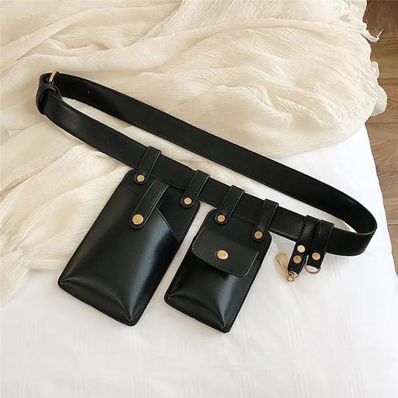 Punk style double pochette femme Belt sac Keychain Pu en cuir sacs de taille en cuir mode fanny pack lettre imprimé conception élégante273p
