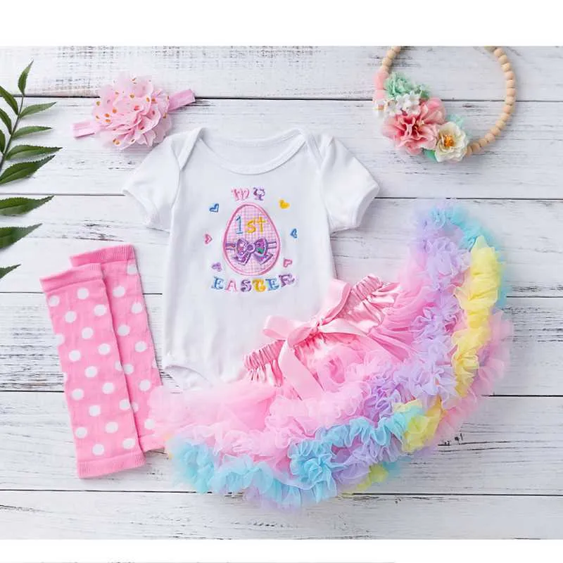 Summer Easter Baby Girls 3-pcs Sets Egg T-shirt + Tutu Skirt Socks Outfits Children Jumpsuit E020 210610