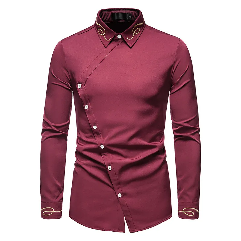 Camisas bordadas Hombres asimetría Slim Camisa casual de manga larga para hombre Trabajo de negocios Boda Marca Camisas Vestido de gran tamaño Camisa 210524