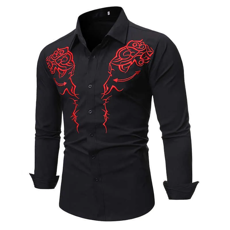 Fashion Western Cowboy Shirt Mannen Merk Ontwerp Borduren Slim Fit Casual Lange Mouw Heren Overhemden Bruiloft Shirt Mannelijke T2229U