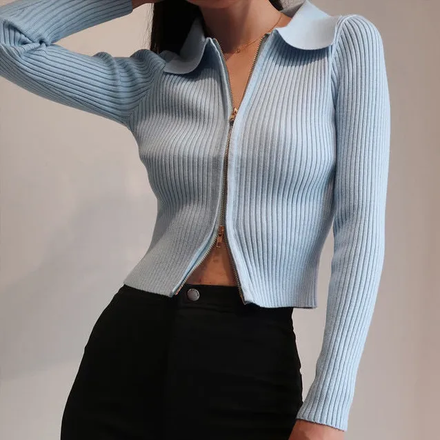 BLSQR Kvinnors Ribbed Zipper Sweater Navel Bare Crop Tops Cardigan Långärmad Lapel Stretchy Mujer 210430