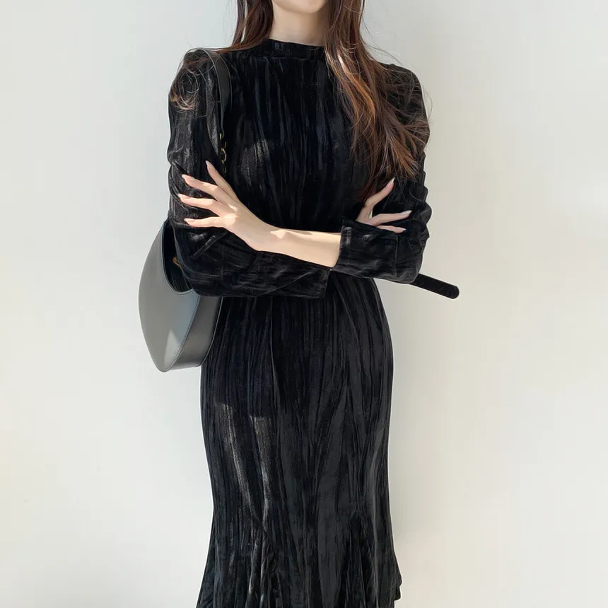 Vintage Elegant O-neck Women Velvet Dress Full Sleeve Belted Slim Waist Female Meimaid Spring Fashion Vestidos 210518