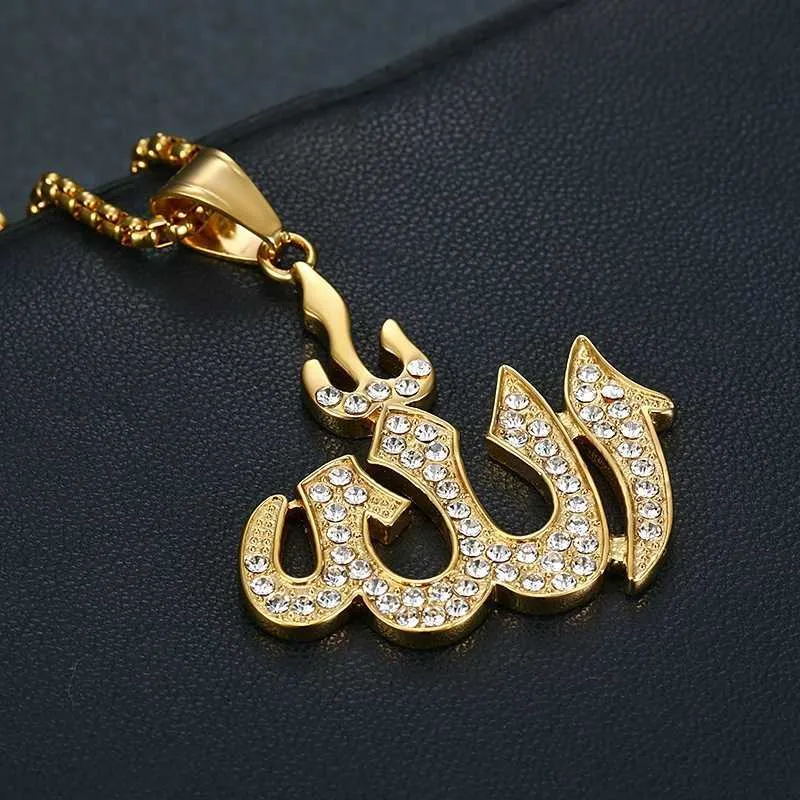 Hip Hop Iced Out Allah Pendant Chains Gold Color Stainless Steel Islamic Muslim Necklaces For Women Men Jewelry Drop252p4408743