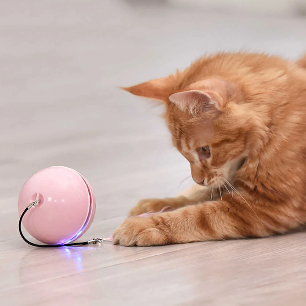 Intelligent Interactive Cat Toy Self Roterende Bal met LED USB Opladen Automatische Kitten Feather Toys ABS Materiaal Pet Supplies 210929