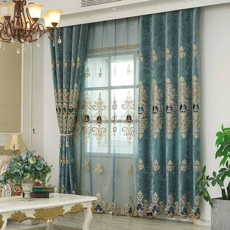 Rideaux de style européen pour salon chambre à coucher lumière luxe brodé chenille rideau porte fenêtre rideaux couleur bleue 210712