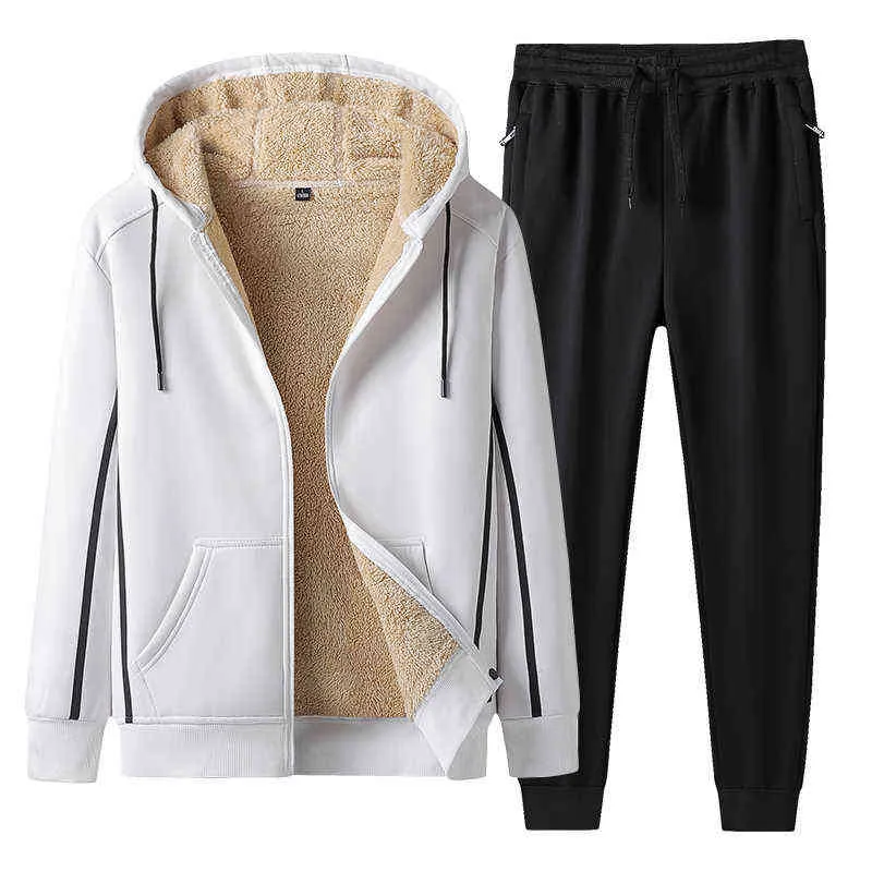 Hooded Men's Winter Fleece Tracksuit Engrossar Quente suor Suites Sportswear Zipper Hoodie + Calças 2 Peça Jogger Sets 8xl 211123