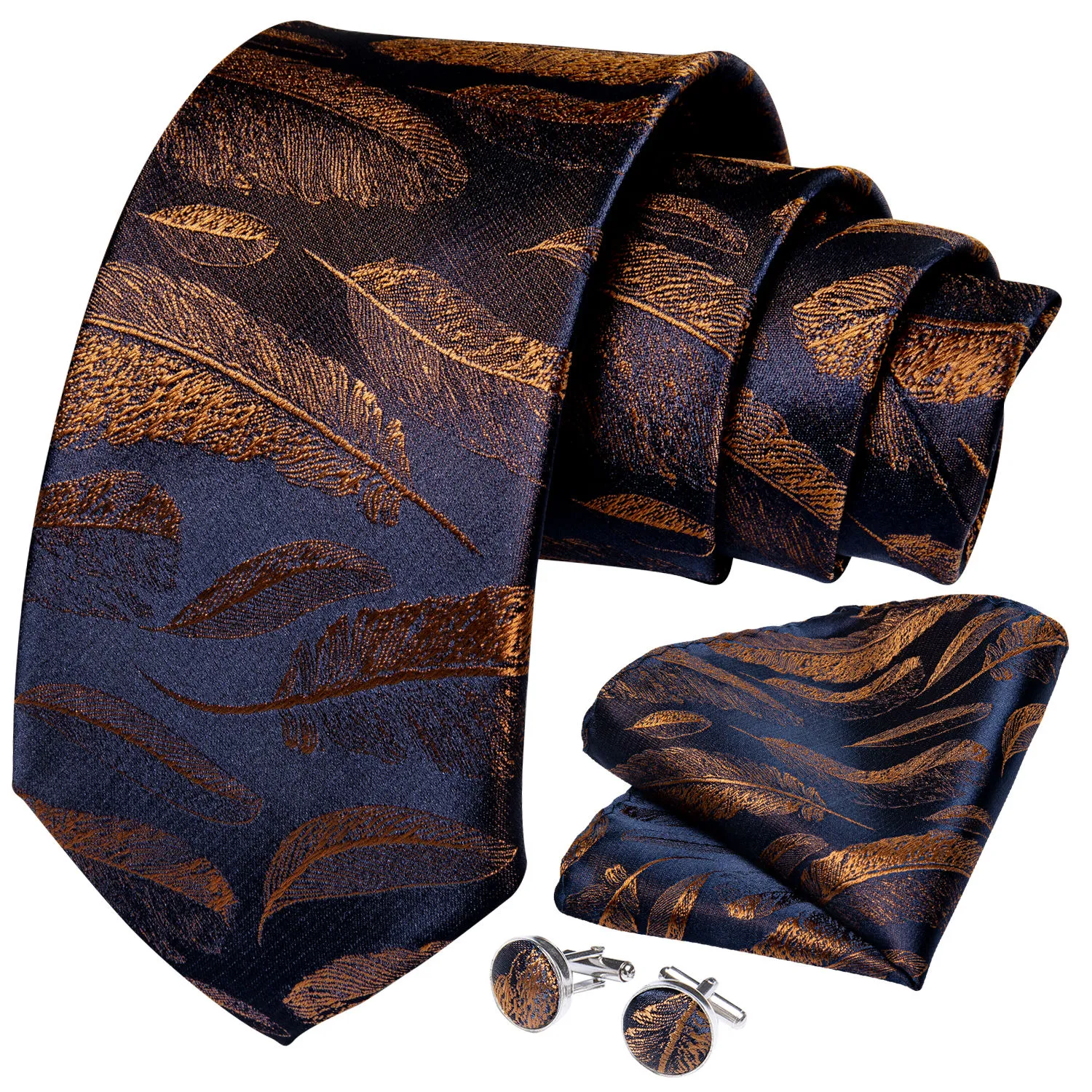 8cm Fashion Gold Feather Print Men's Silk Ties Handkerchief Cufflinks Set Business Party Necktie Gravatas Gift For Men DiBanG277k