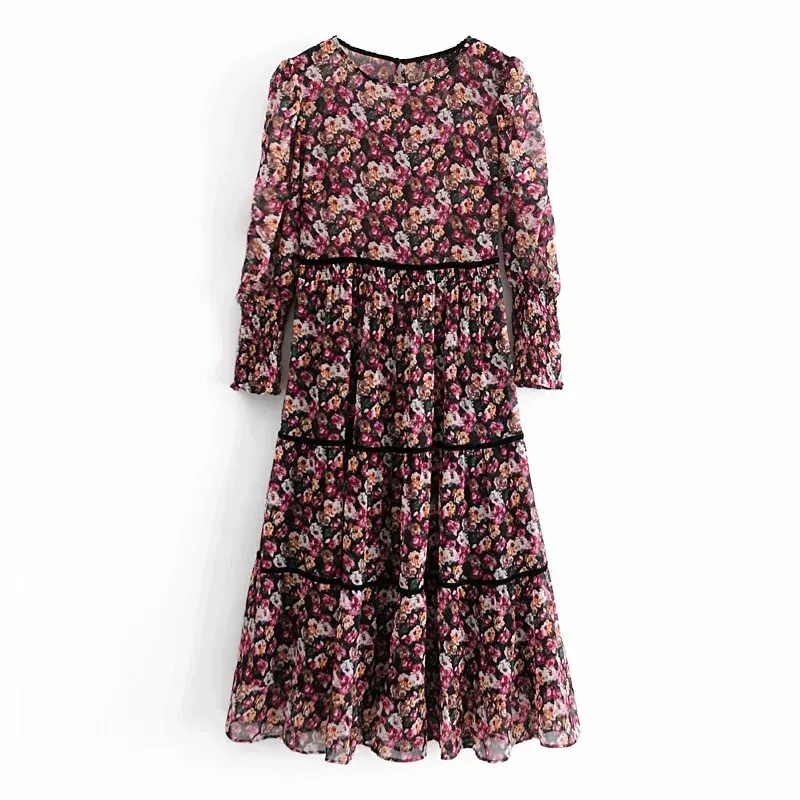 Floral Print Midi Dress Women Vintage Contrast Velvet Bands Ruffle Chiffon Long Sleeve es Ladies Party 210519