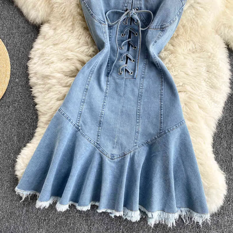 LoveFlowerLife Summer Elegant Ladies Vita alta Slim Fairy Dress Beach Dress Sexy Women Spaghetti Strap Bow Mini Denim Dress 210521