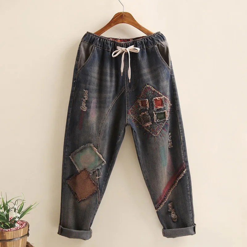 Искусство стиль лоскутная вышивка свободные старинные женщины джинсы дыра дизайн эластичные талии все хлопковые джинсовые дамы гарема брюки D101 210322