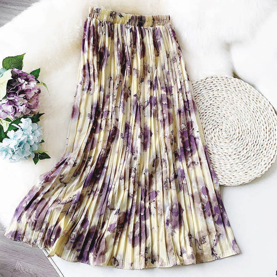 Women Summer Chiffon Skirt Stretch High Waist Floral Long Femme Elegant Faldas Jupe Saia Boho Pleated 210529