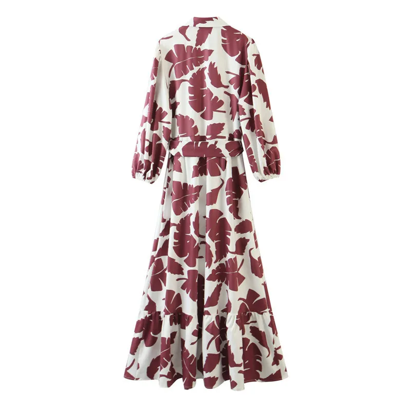 Women Chic Print Draped Midi Dress Fashion Turn-down Collar Long Sleeve Button-up Female Dresses Vestidos 210430