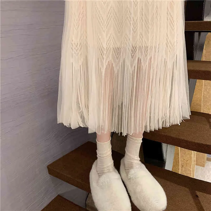 Style coréen gland dentelle couture jupe jupes plissées femmes printemps taille haute décontracté mince noir abricot 12994 210427