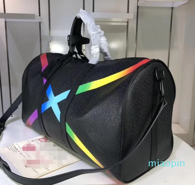 Classic Rainbow X Shape Large Travel Bag Pillow Duffle Bags Luggage Handbag Real Leather Capacity Women Men Sport Shoulder Crossbo2777
