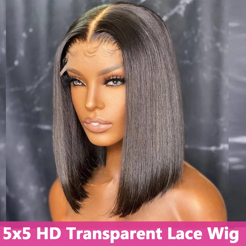 Transparent 5x5 Dentelle Fermeture Perruque Court Bob Brésilien Remy Perruques de Cheveux Humains Vierge Droite Pour Les Femmes