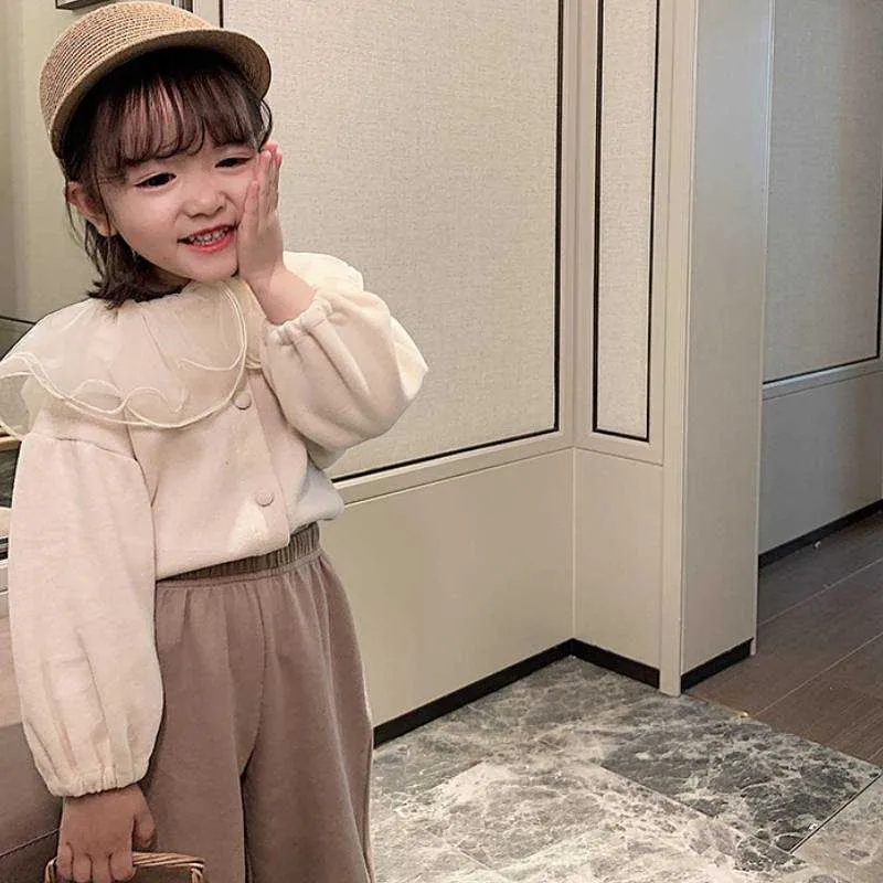Dziewczyny Płaszcz z długim rękawem Jesień Dzieci Koreański Styl Design Cardigans Kalty sweter Sweet Cute 210528