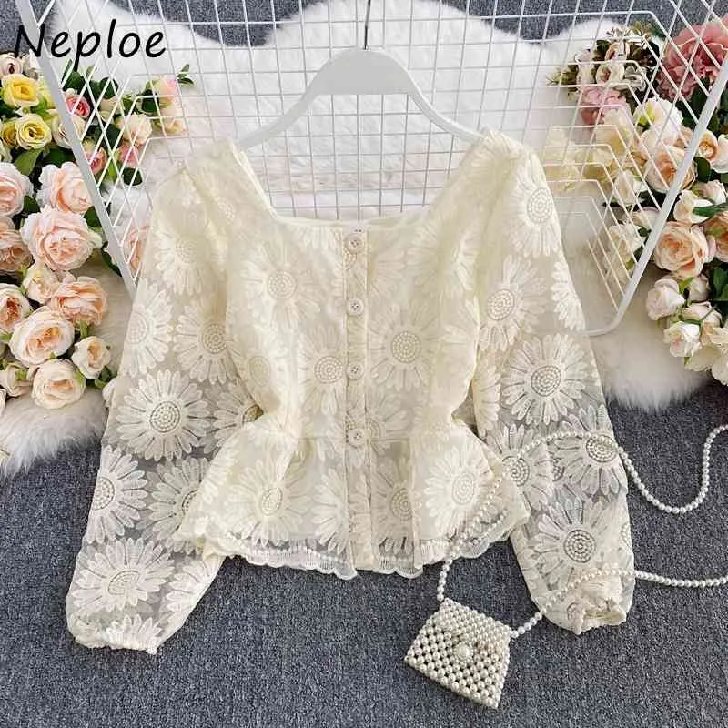 Neploe Fransk Lace Hook Flower Elegant Blus Kvinnor Square Collar Sexig Clavicle Exposed Slim Blusas Vår Långärmad Skjorta 210423