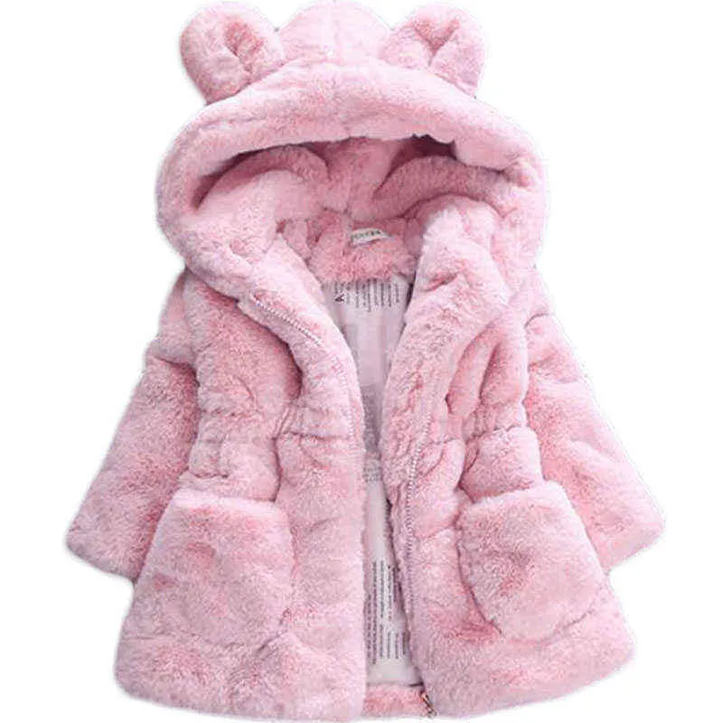 Winter volle Hülse Leopard Faux Pelzkragen Kinder Mädchen Mantel Jacke Baby Mädchen Oberbekleidung mit Kapuze Säuglingskleidung dicke warme 211203