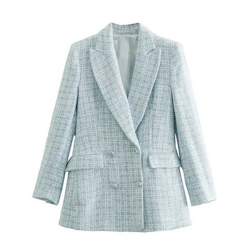 ZA Blue Tweed blazer Women Fashion Turn-down Collar Double Breasted suit Coat Female office Casual Outerwear 211006