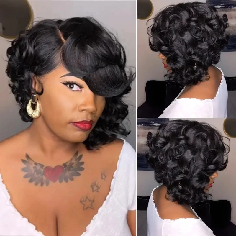 Women Short Black Brown Mix Wavy Wig With Side Part Bangs Natural Hair Heat Resistant Synthetic Wig for Black Womenfactory direc