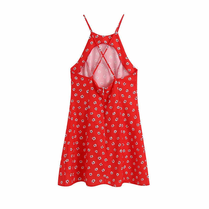 Za vrouwen zomer print rode halter jurk mouwloze backless strand jurk mode rug rits sexy mini jurken vrouw sundress 210602