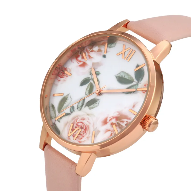 장미 꽃 다이얼 여성 시계 일본 운동 핑크 스트랩 패션 디자인 결혼 선물