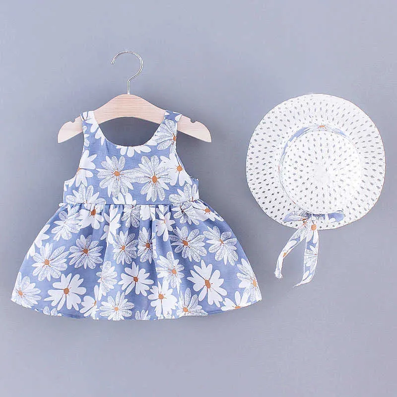 2021 Nouvelle mode bébé fille robes princesse vêtements mignon ensemble fête coton fleur enfants chapeau sans manches doux 1-3 ans Q0716