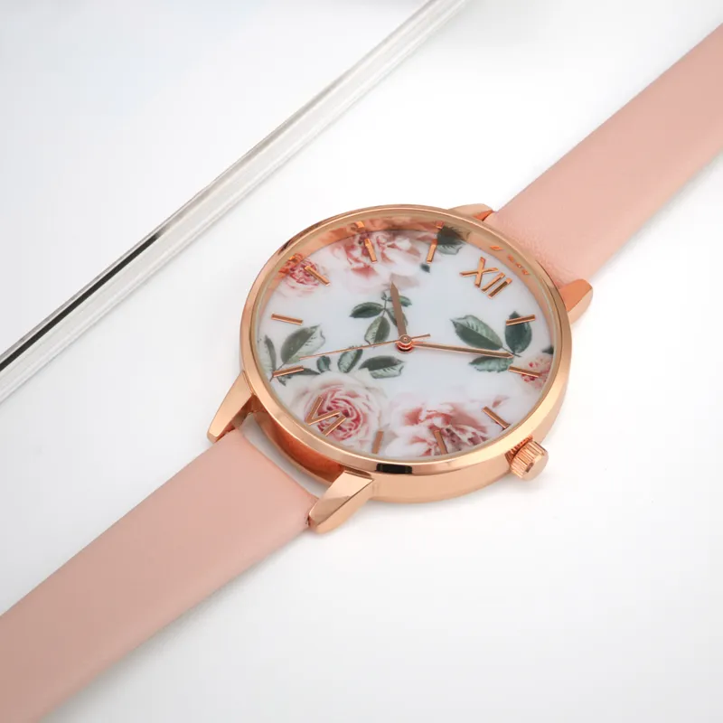 장미 꽃 다이얼 여성 시계 일본 운동 핑크 스트랩 패션 디자인 결혼 선물
