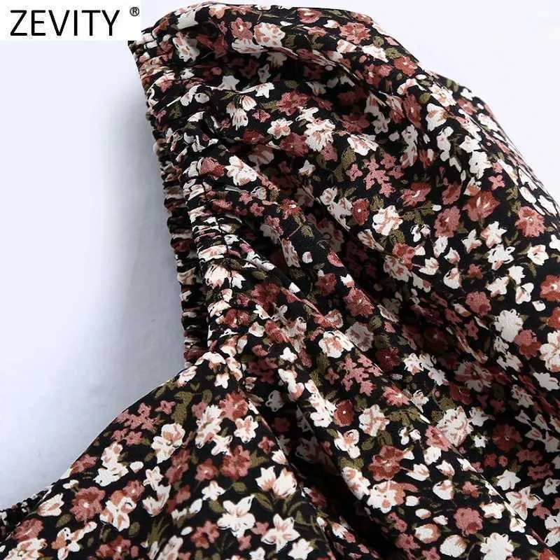 Zevity Women Vintage Pleats Puff Sleeve Flower Print Short Blouse Female Elastic Shirts Chic Chemise Blusas Tops LS7540 210603