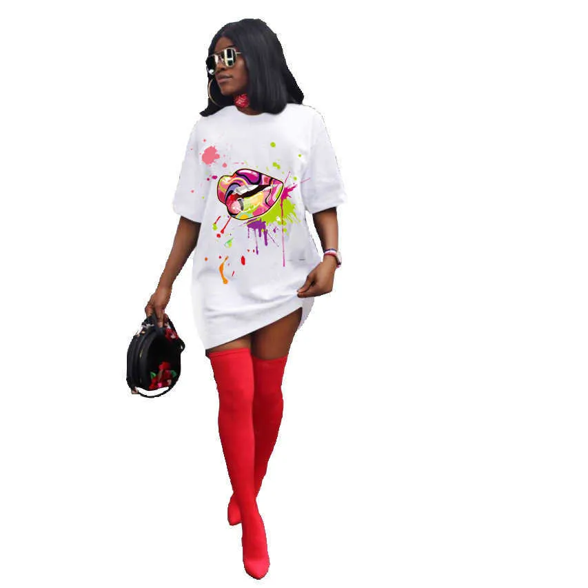 T-shirt Robe Femmes Court Hip Hop Lèvres Imprimé Long Lâche V Cou Sexy Mini Robe Camiseta Vestidos 210525