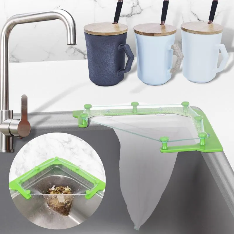 Kitchen Sink Hanging Net Rack Filter Leftovers Wash Triangle Drain med 50 engångspåsar Krokar Rails237h