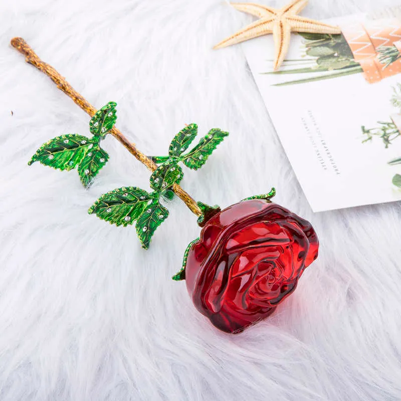 HD Kristall rote Rose Blumenfiguren Handwerk Geburtstag Valentinstag Gefälligkeiten Weihnachtsgeschenke Hochzeit Zuhause Tischdekoration Ornament 210811