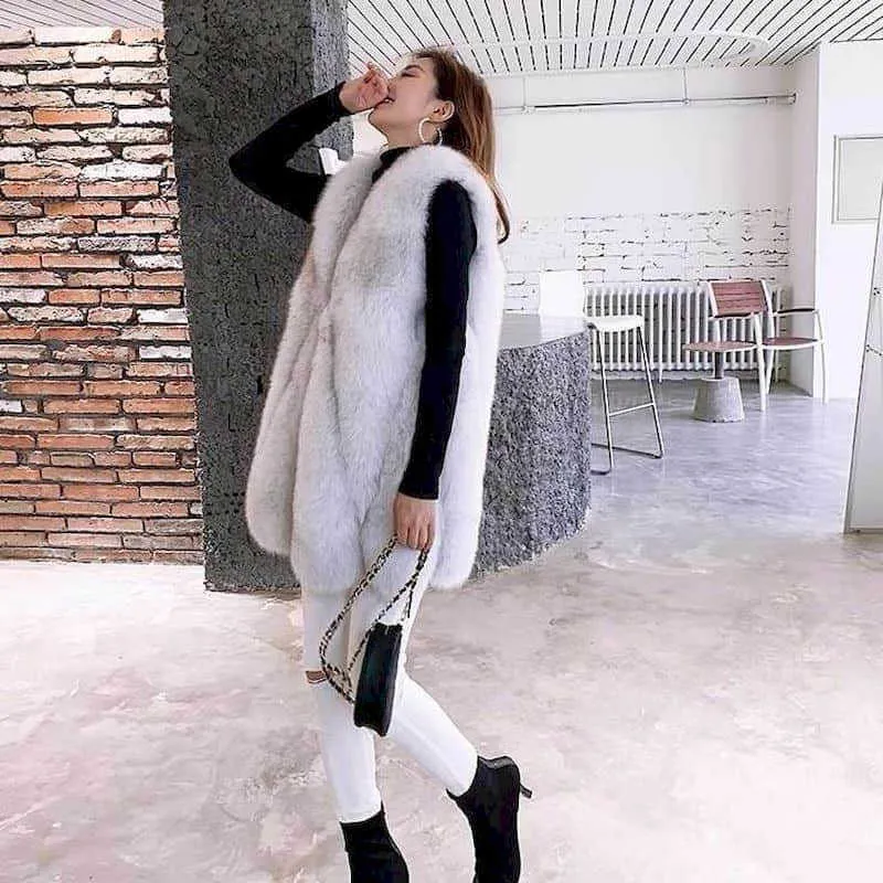 The Fur Vest Vrouwen Imitatie High Street Mid-Length Groot Maat Jas Gilet Coat Herfst Winter Vrouw 210526